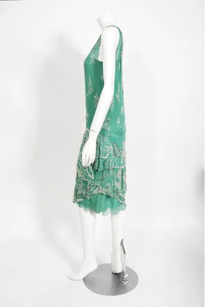 1920's Jean Patou Haute Couture Attributed Seafoam Beaded Chiffon Dress