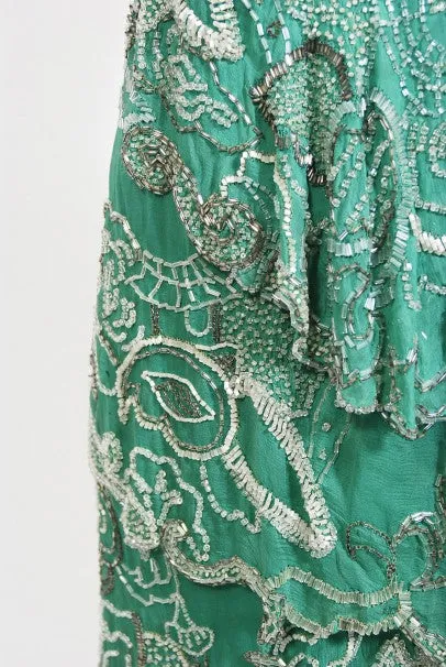 1920's Jean Patou Haute Couture Attributed Seafoam Beaded Chiffon Dress