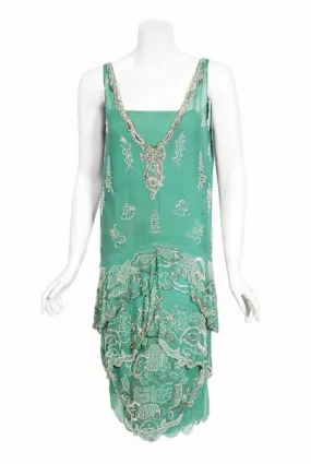 1920's Jean Patou Haute Couture Attributed Seafoam Beaded Chiffon Dress