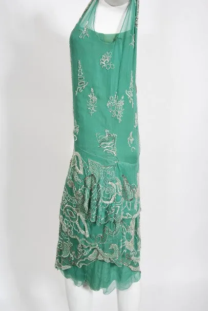 1920's Jean Patou Haute Couture Attributed Seafoam Beaded Chiffon Dress