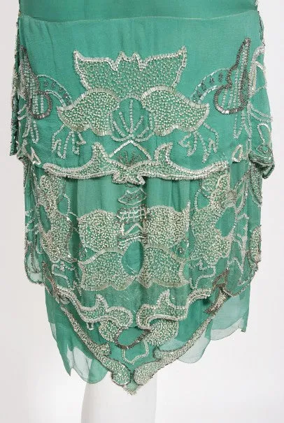 1920's Jean Patou Haute Couture Attributed Seafoam Beaded Chiffon Dress