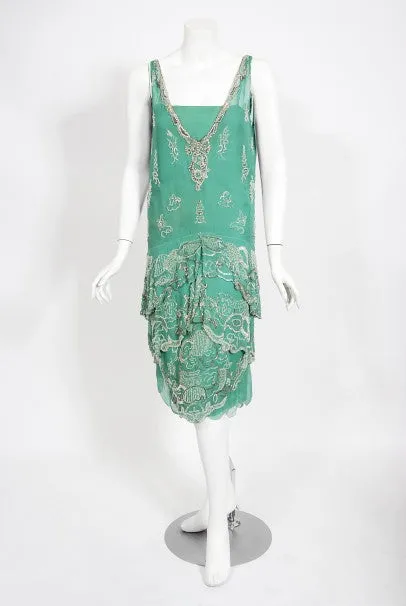 1920's Jean Patou Haute Couture Attributed Seafoam Beaded Chiffon Dress