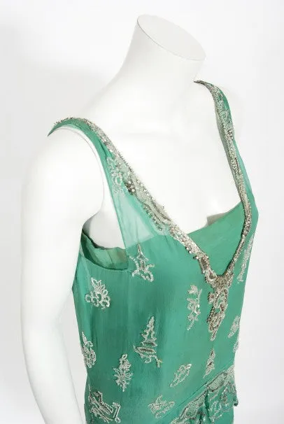 1920's Jean Patou Haute Couture Attributed Seafoam Beaded Chiffon Dress