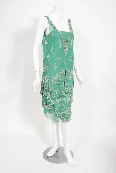 1920's Jean Patou Haute Couture Attributed Seafoam Beaded Chiffon Dress