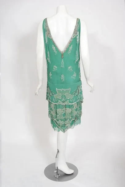 1920's Jean Patou Haute Couture Attributed Seafoam Beaded Chiffon Dress