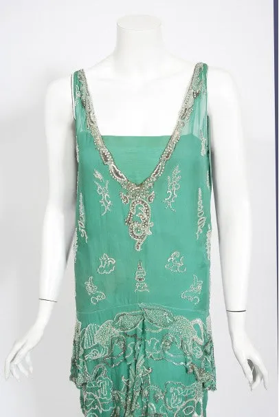 1920's Jean Patou Haute Couture Attributed Seafoam Beaded Chiffon Dress