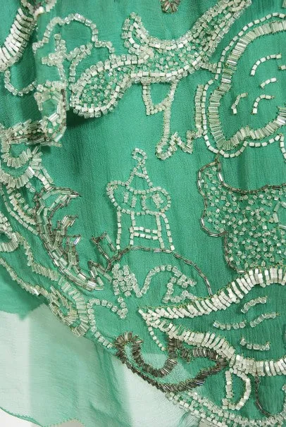 1920's Jean Patou Haute Couture Attributed Seafoam Beaded Chiffon Dress