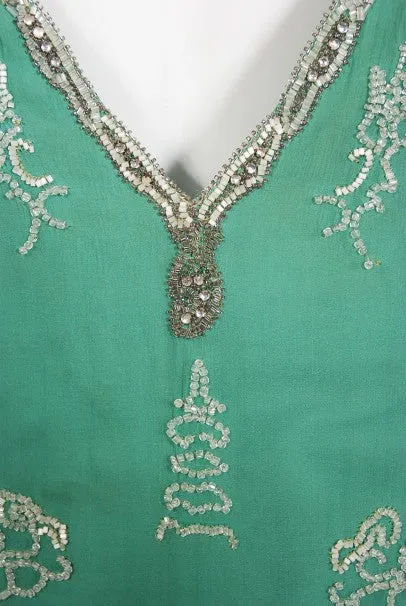 1920's Jean Patou Haute Couture Attributed Seafoam Beaded Chiffon Dress