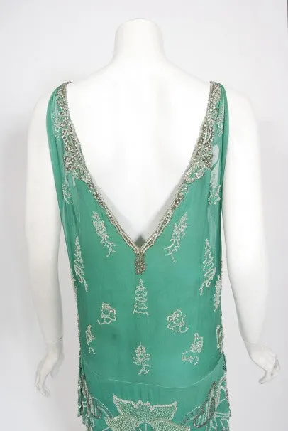 1920's Jean Patou Haute Couture Attributed Seafoam Beaded Chiffon Dress