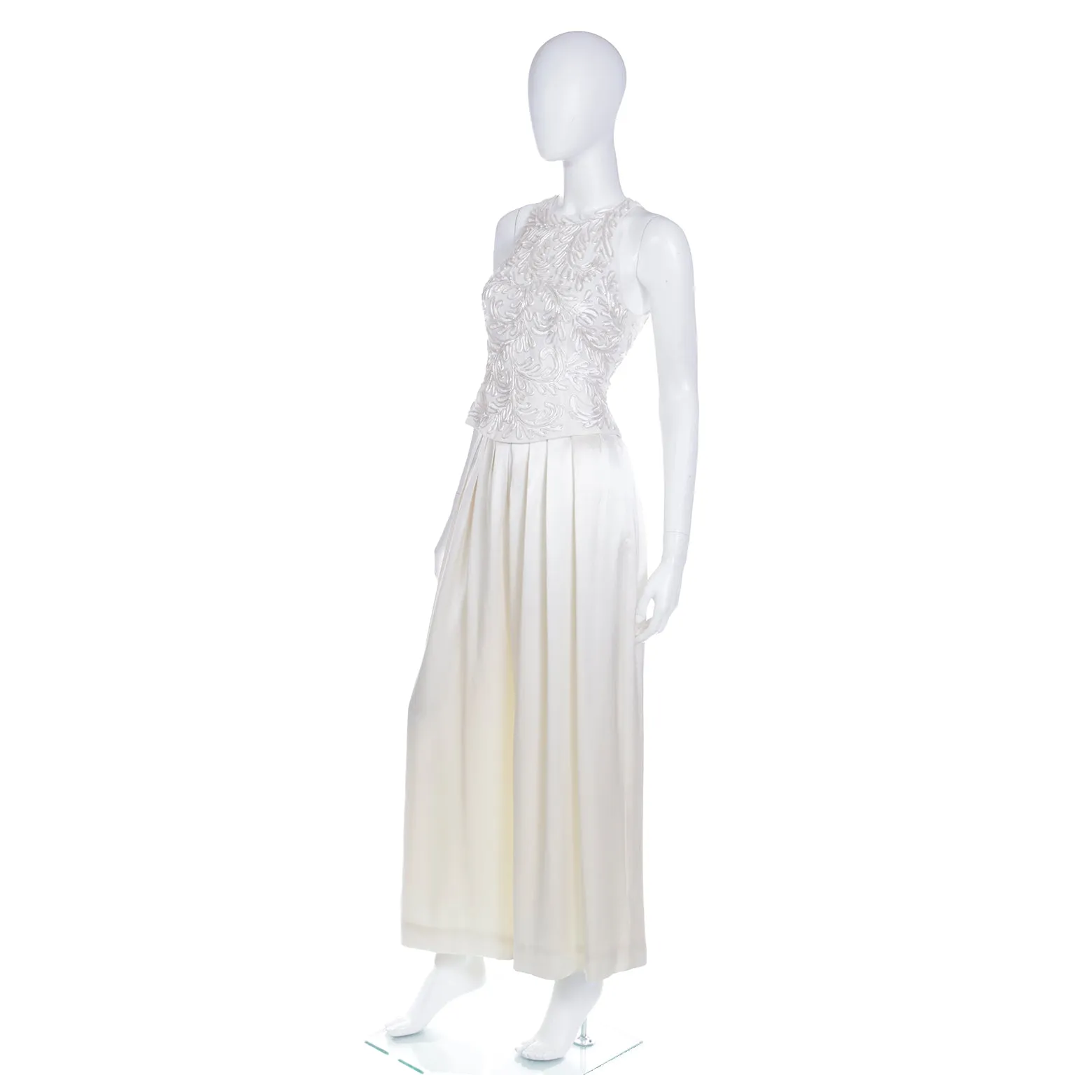 1990s Carmen Marc Valvo Ivory High Waisted  Pants and Sleeveless Top