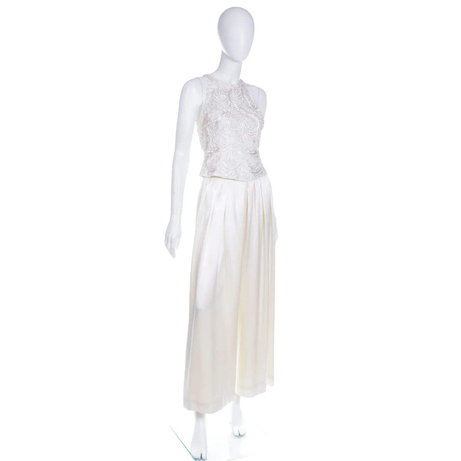 1990s Carmen Marc Valvo Ivory High Waisted  Pants and Sleeveless Top