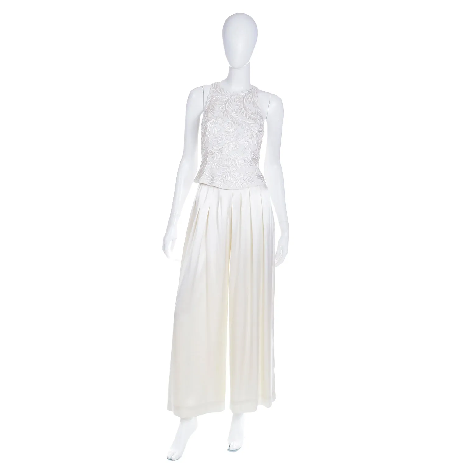 1990s Carmen Marc Valvo Ivory High Waisted  Pants and Sleeveless Top