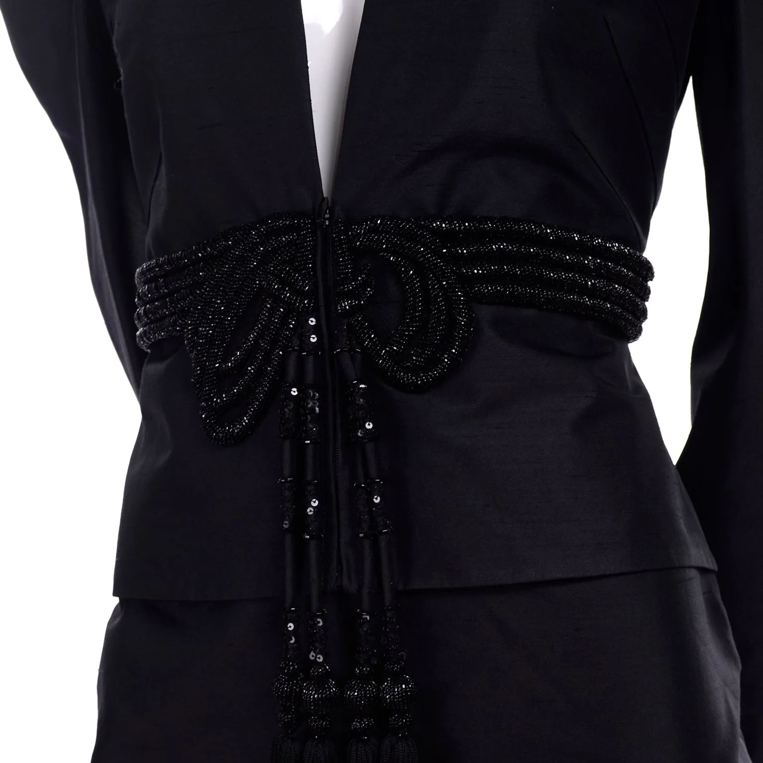 2006 Valentino Black Silk Skirt Suit w/ Beaded Tassels & Pleated Shoulders