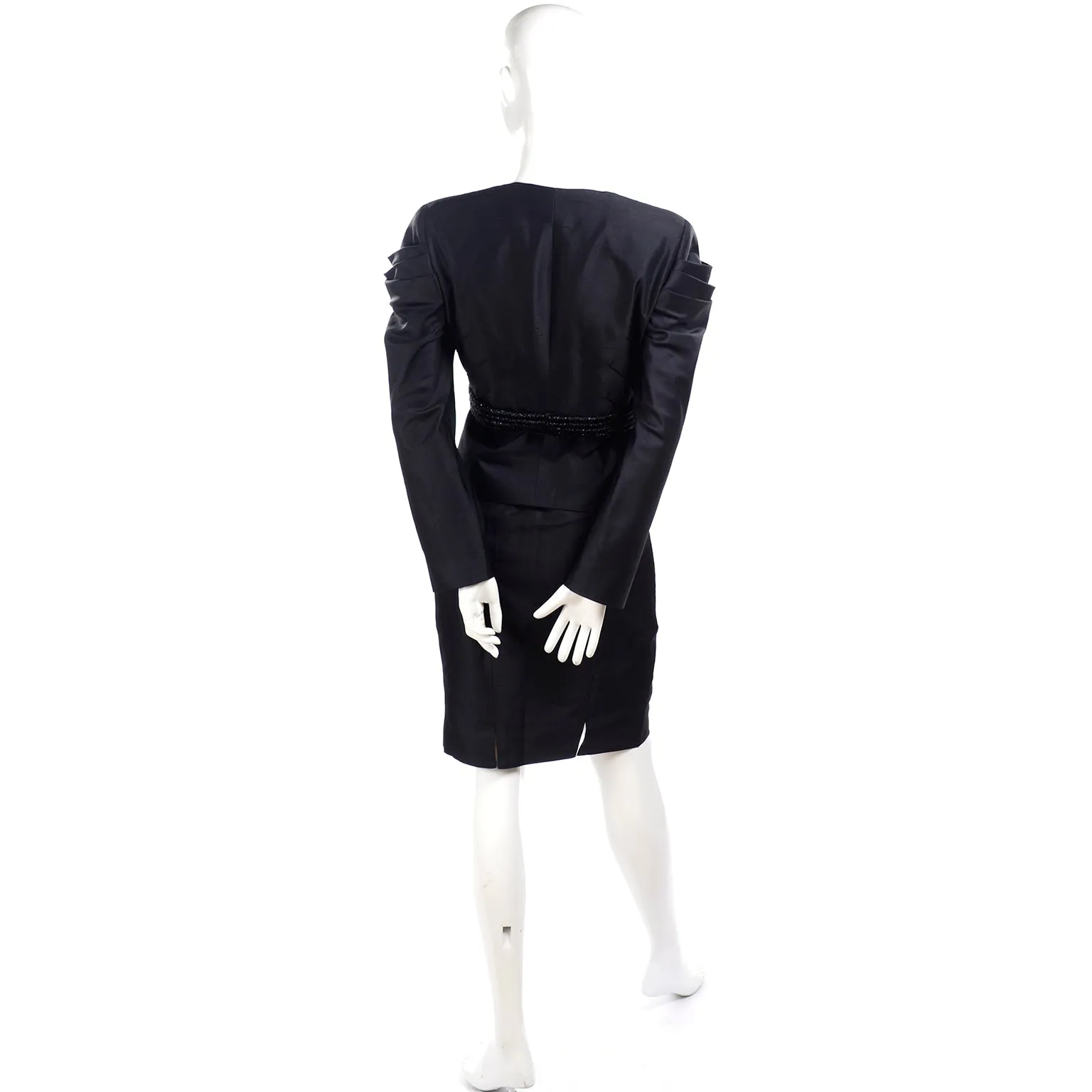 2006 Valentino Black Silk Skirt Suit w/ Beaded Tassels & Pleated Shoulders