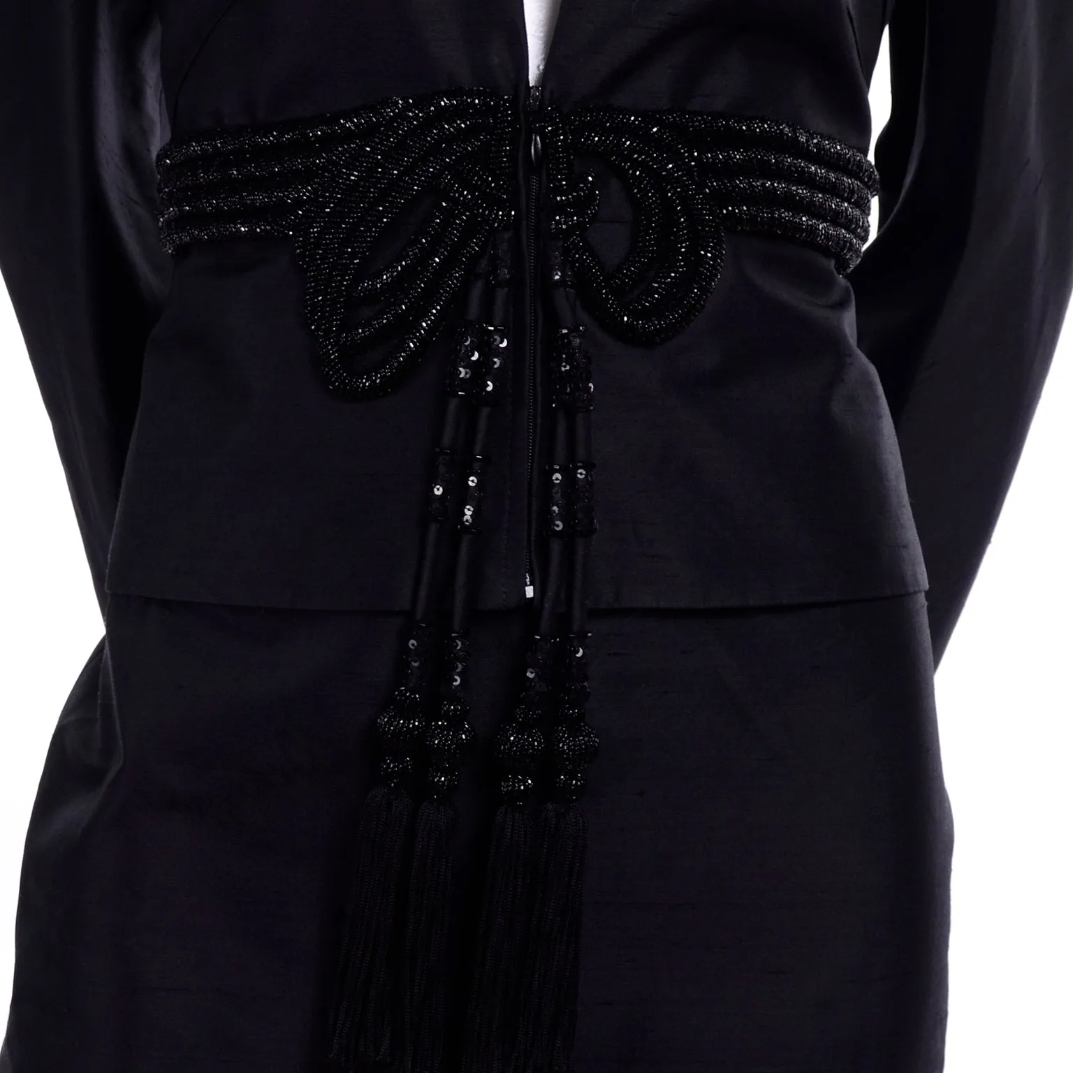 2006 Valentino Black Silk Skirt Suit w/ Beaded Tassels & Pleated Shoulders