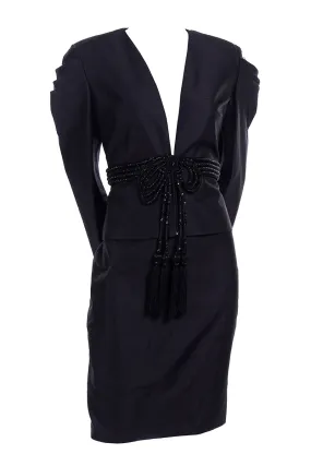 2006 Valentino Black Silk Skirt Suit w/ Beaded Tassels & Pleated Shoulders