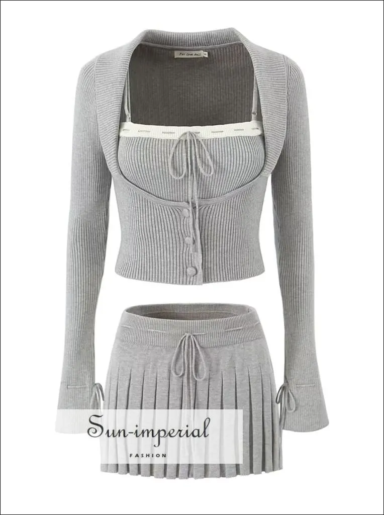 3 Piece Knitted Mini Skirt Cardi And Cami Set With Lace Detail