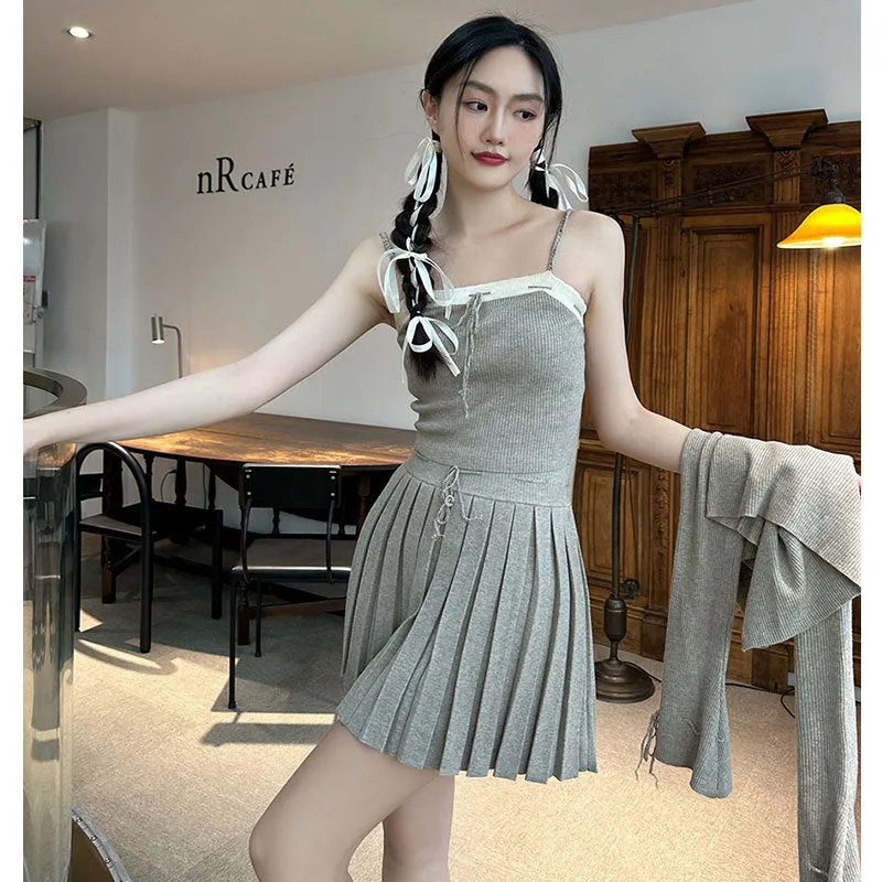 Advbridge fall outfits women Spring 2024 New Pure Desire Style Hand-Knitted Rope Knitted Cardigan Sling Pleated Skirt Three-Piece Set Dress