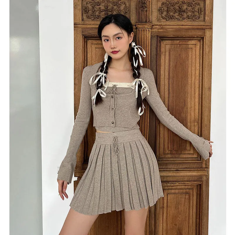 Advbridge fall outfits women Spring 2024 New Pure Desire Style Hand-Knitted Rope Knitted Cardigan Sling Pleated Skirt Three-Piece Set Dress