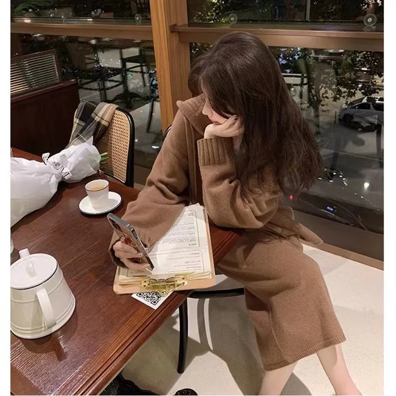 Aiertu brown puffer jacket outfit Autumn Cold Style High-Grade Knitwear Sweater Suit Skirt Royal Sister Dress Two-Piece Set