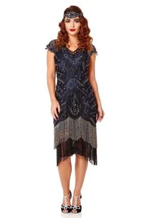 Art Deco Fringe Party Dress in Black Navy