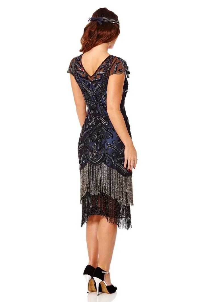 Art Deco Fringe Party Dress in Black Navy