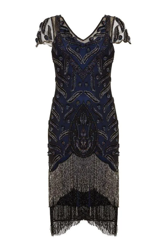 Art Deco Fringe Party Dress in Black Navy