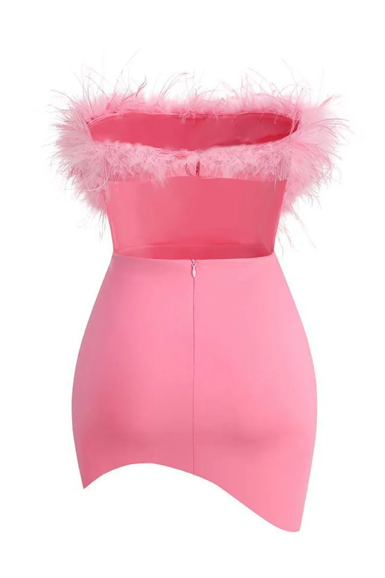 Asymmetrical Faux Feather Trim Cutout Back Strapless Party Mini Dress - Rose