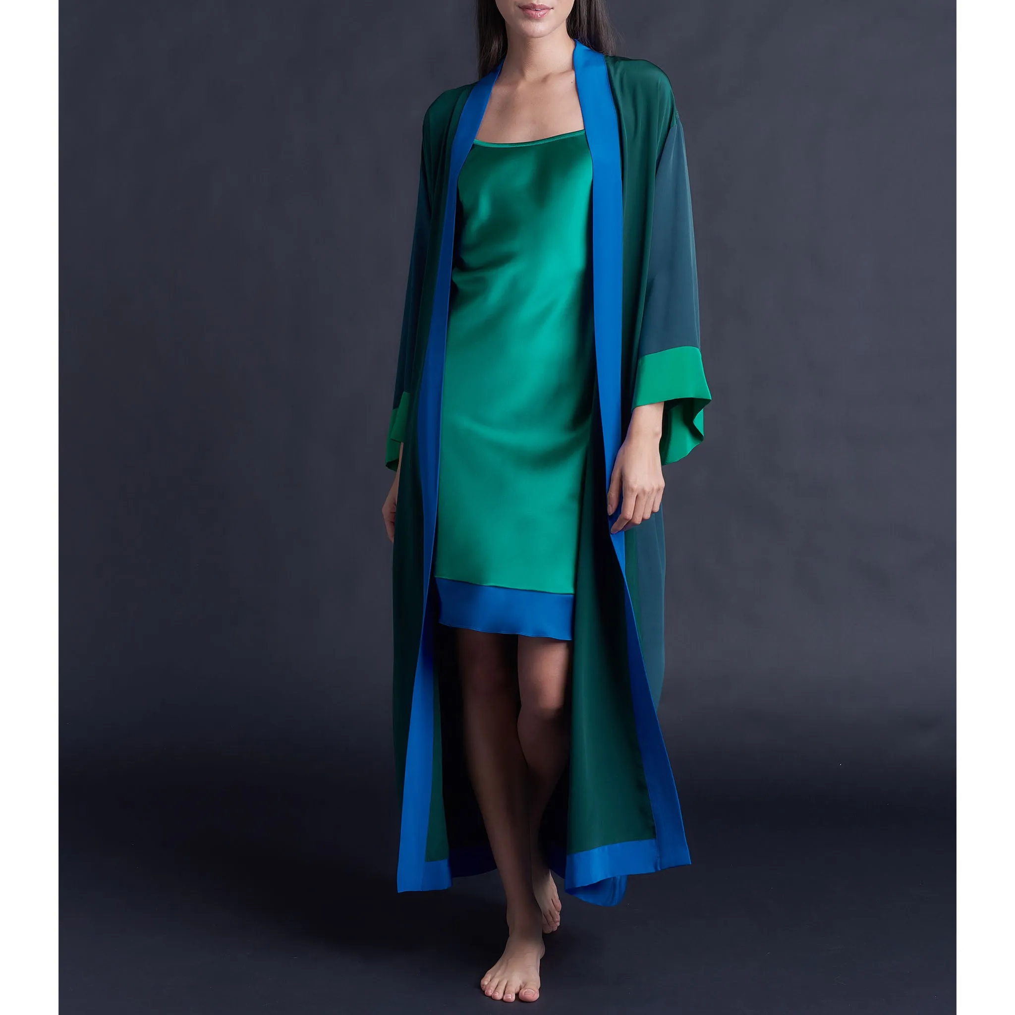 Athena Mid Length Slip Dress in Color Block Emerald & Tanzanite Silk Charmeuse