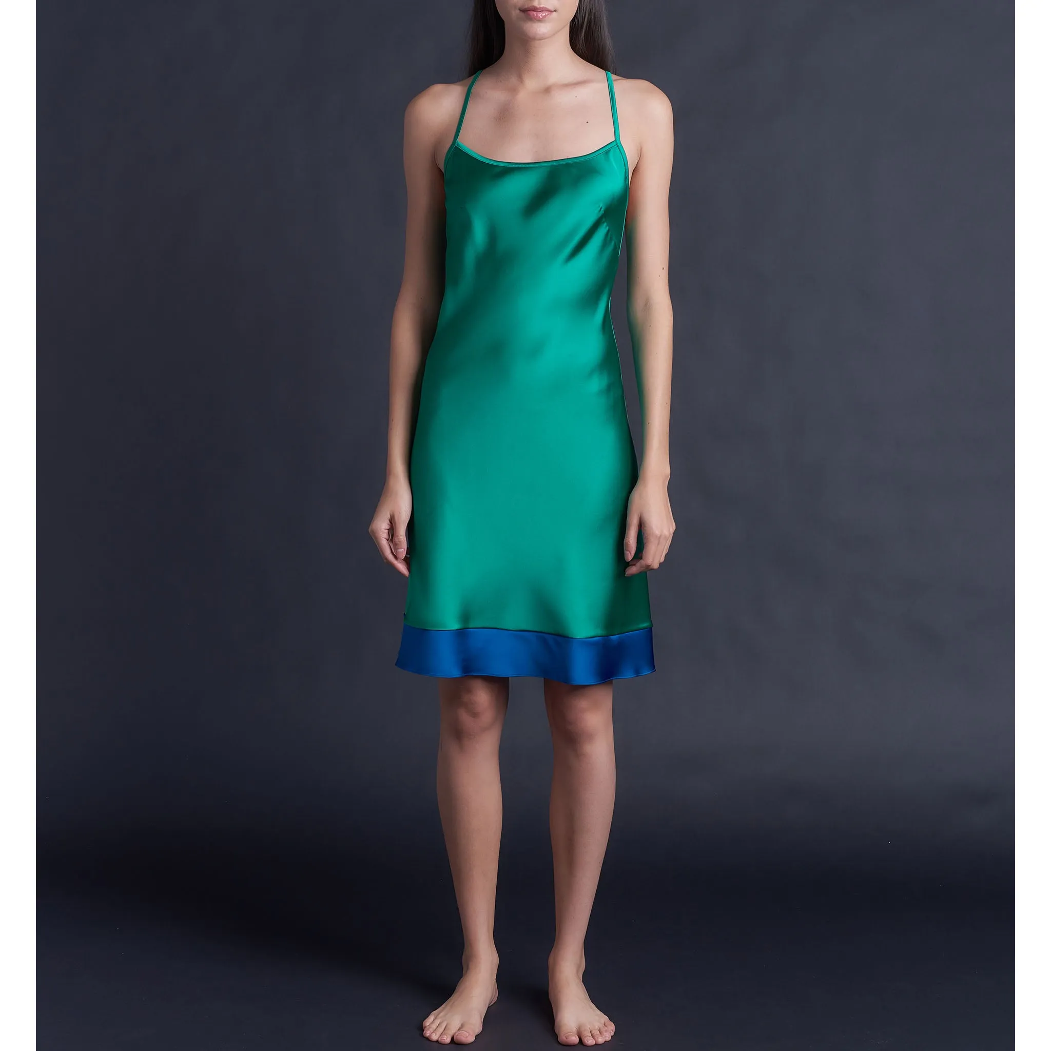 Athena Mid Length Slip Dress in Color Block Emerald & Tanzanite Silk Charmeuse