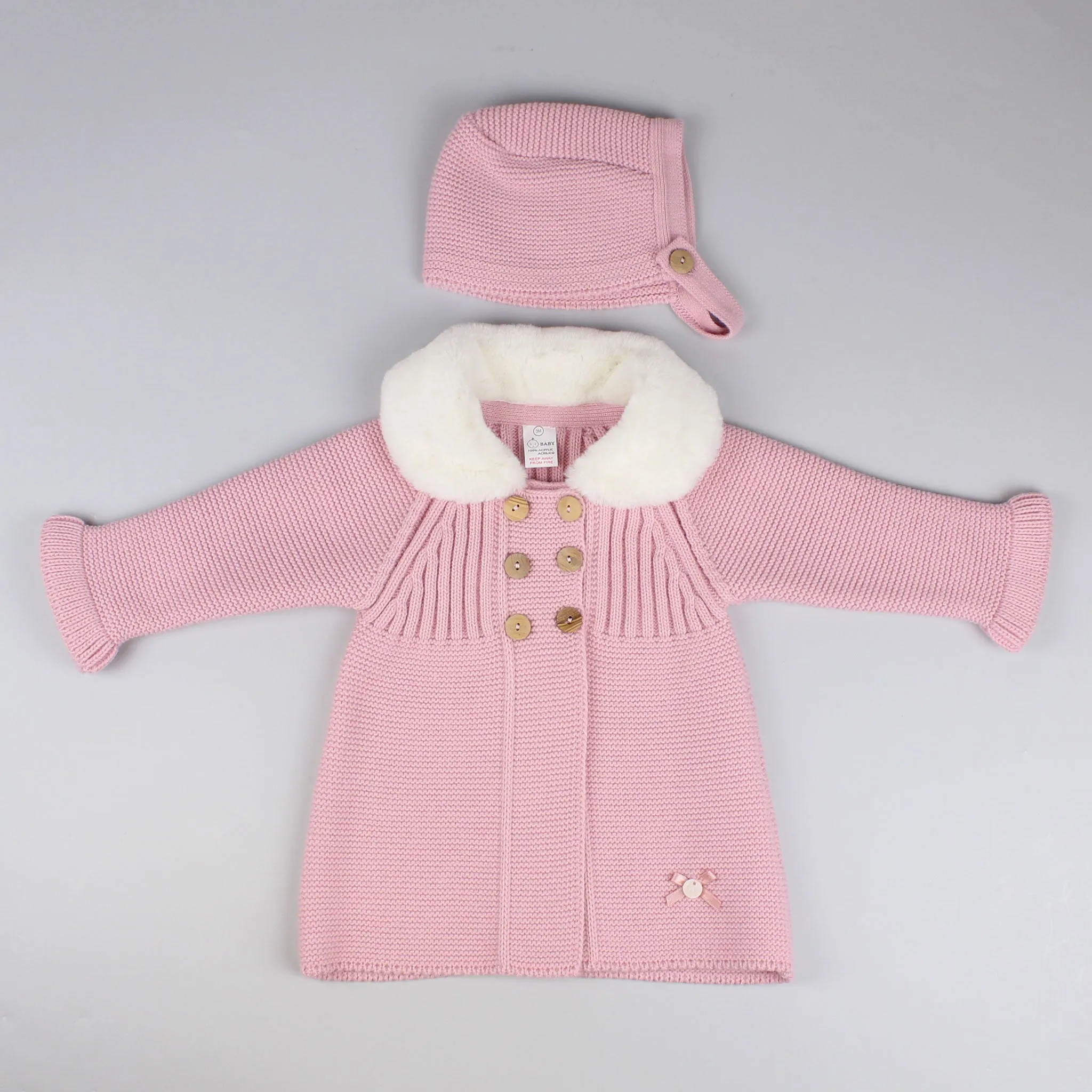 Baby Girls Dusky Pink Knitted Coat - Faux Fur Collar with Bonnet