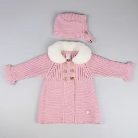 Baby Girls Dusky Pink Knitted Coat - Faux Fur Collar with Bonnet