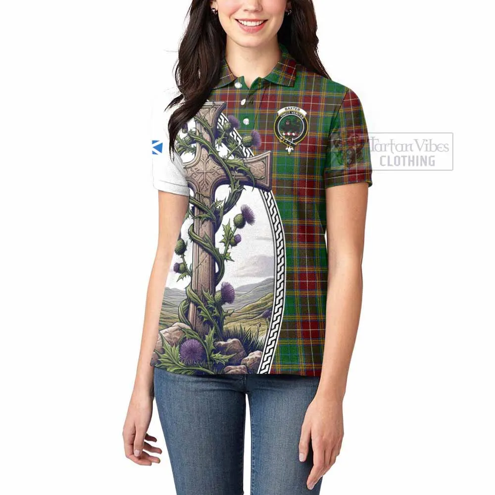 Baxter Tartan Women's Polo Shirt with Family Crest and St. Andrew's Cross Accented by Thistle Vines