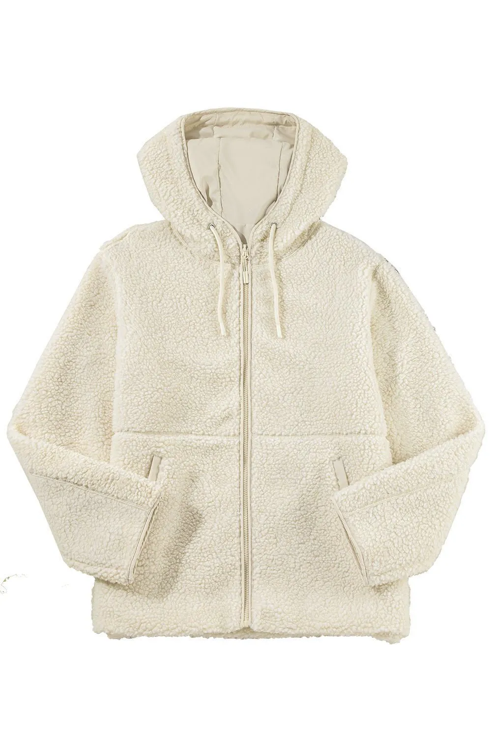 Beige Fleece Zip Up Drawstring Hooded Pocketed Jacket