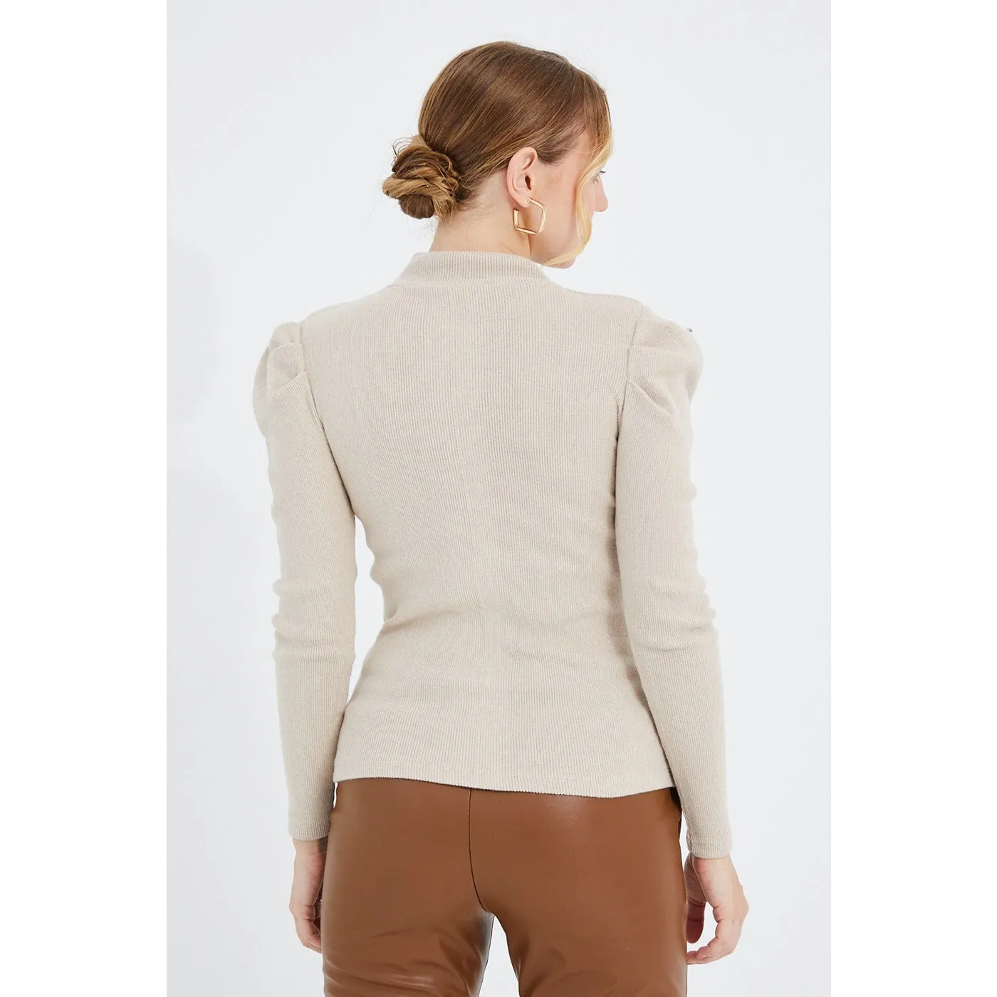 Beige Puff Shoulder Turtleneck Top