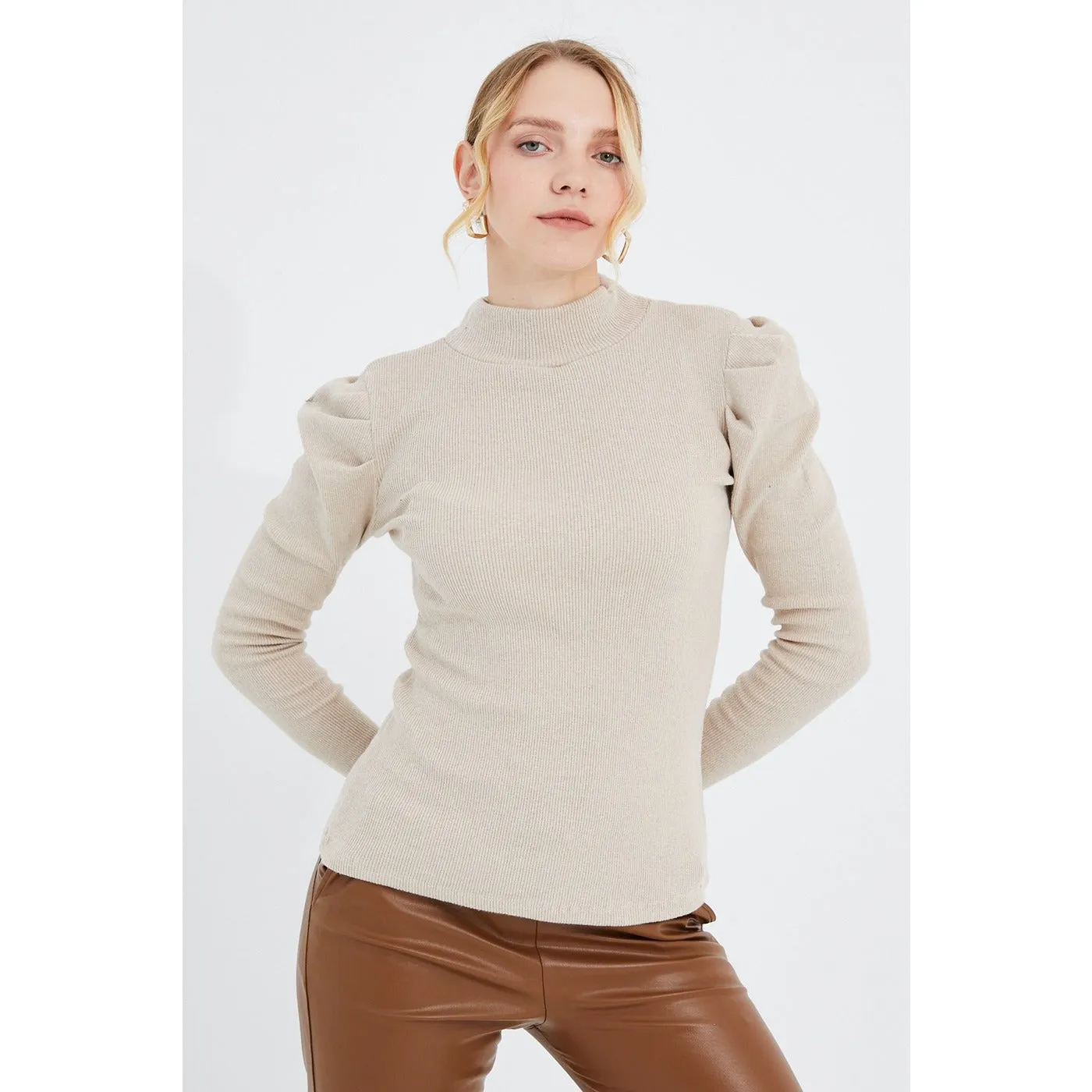 Beige Puff Shoulder Turtleneck Top