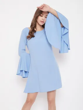 Berrylush Women Solid Blue Round Neck Bell Sleeve A-Line Mini Dress