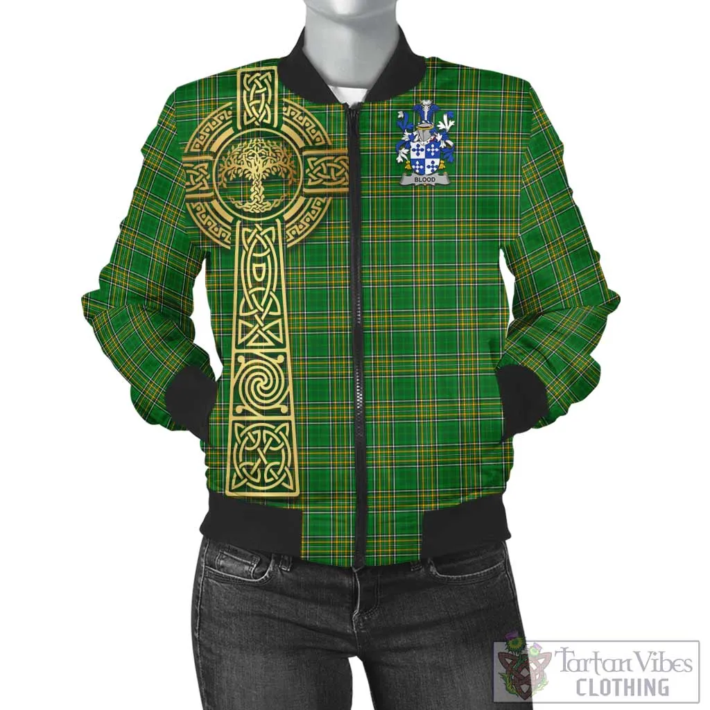 Blood Irish Clan Tartan Bomber Jacket with Coat of Arms Celtic Tree of Life Style