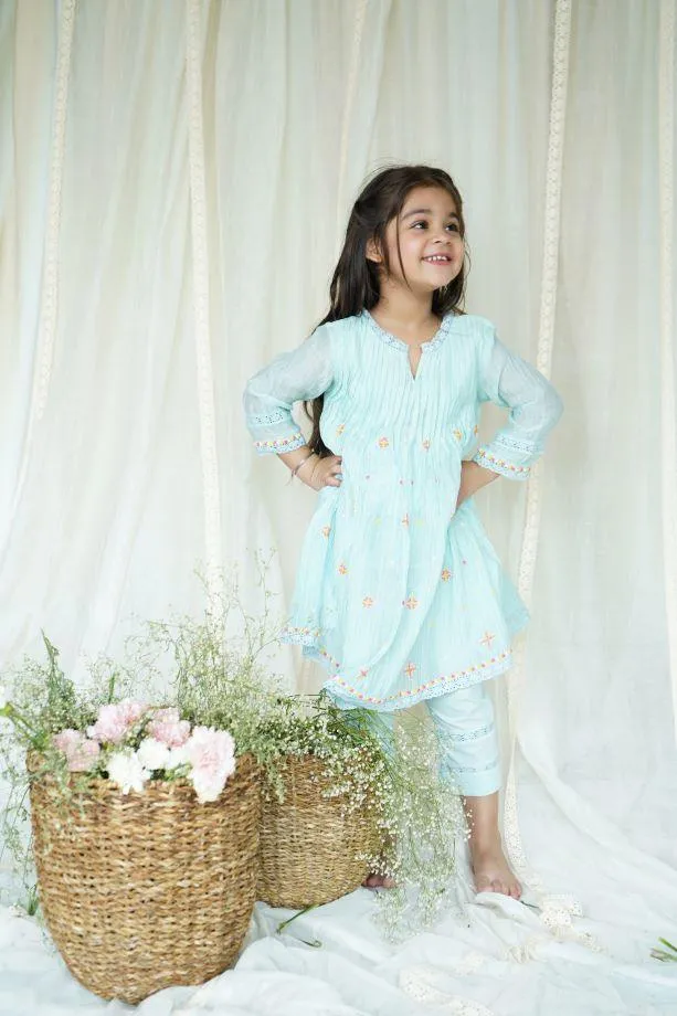 Blue Dew Drops Chanderi Kurta Set for Girls