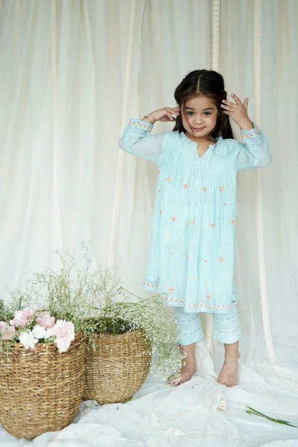 Blue Dew Drops Chanderi Kurta Set for Girls