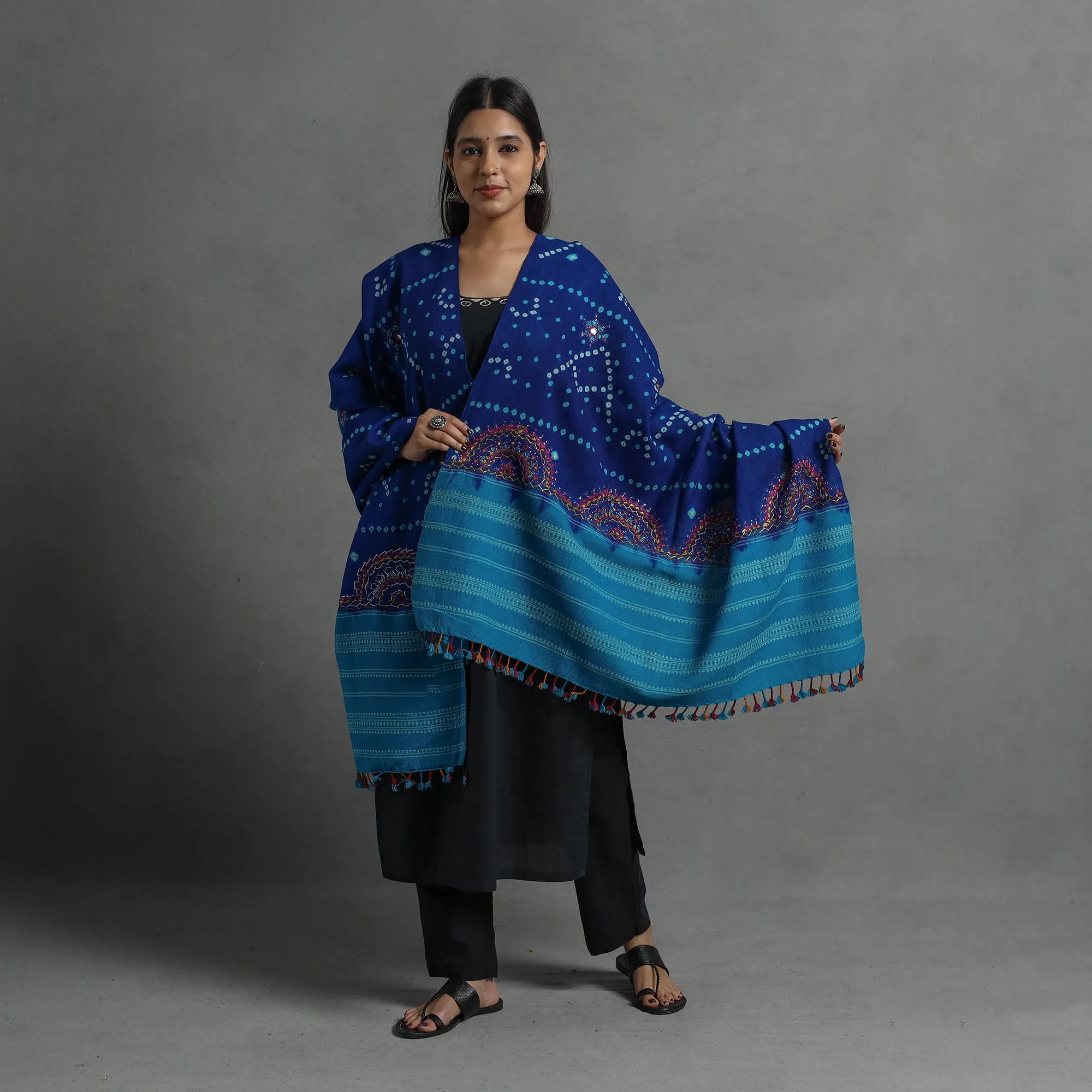 Blue - Handwoven Merino Wool Bandhani Shawl w/ Neran Embroidery 30