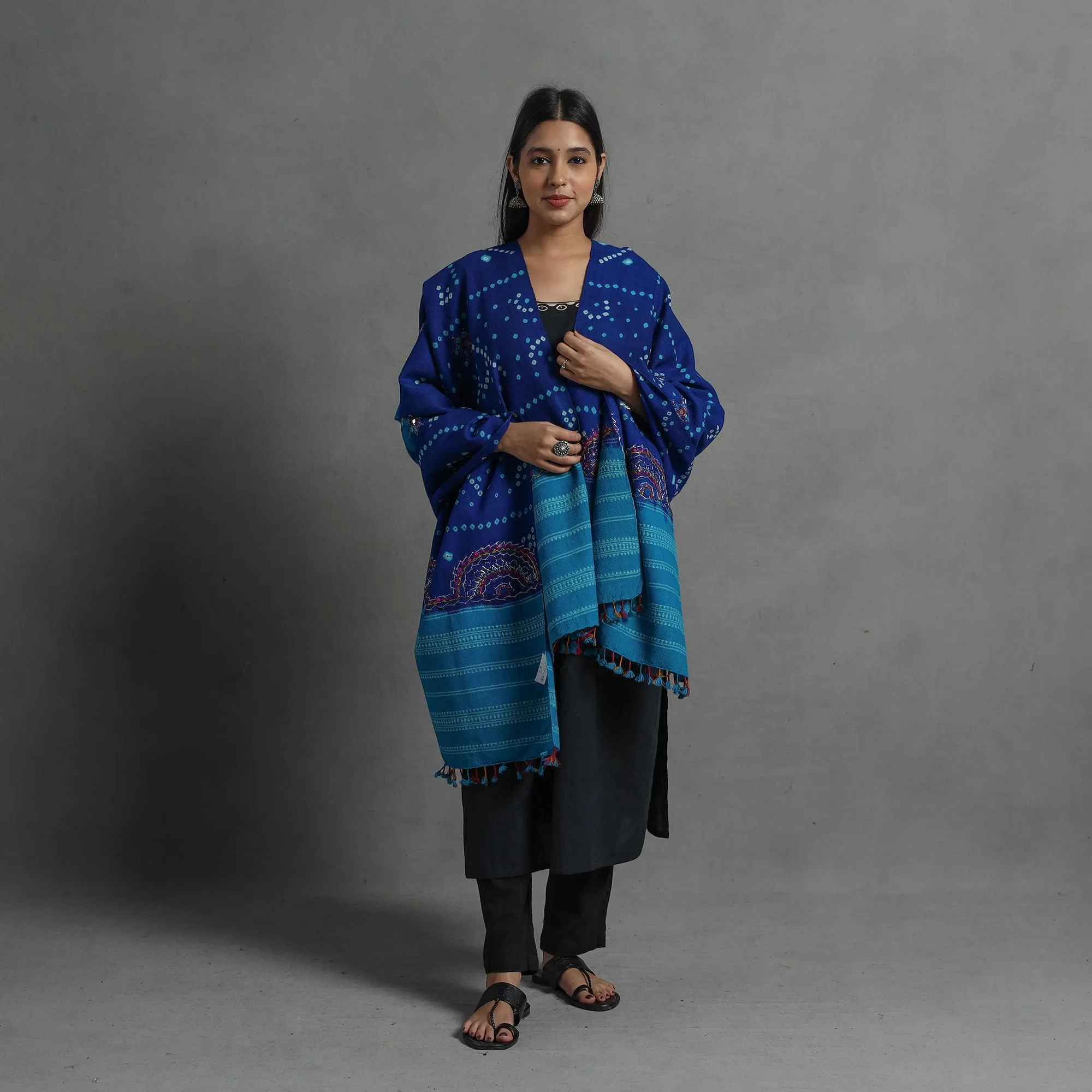 Blue - Handwoven Merino Wool Bandhani Shawl w/ Neran Embroidery 30