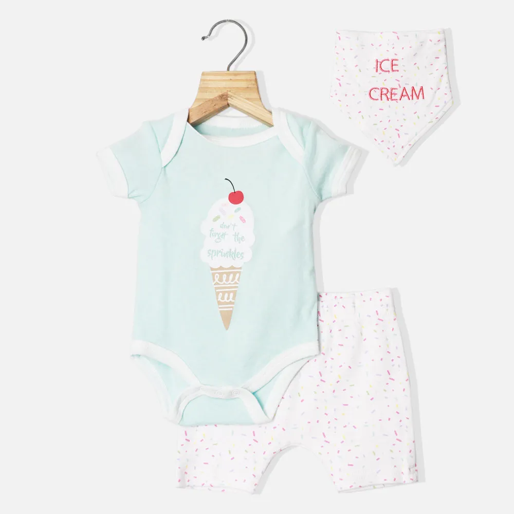 Blue Ice Cream Theme Onesie With White Shorts & Bib