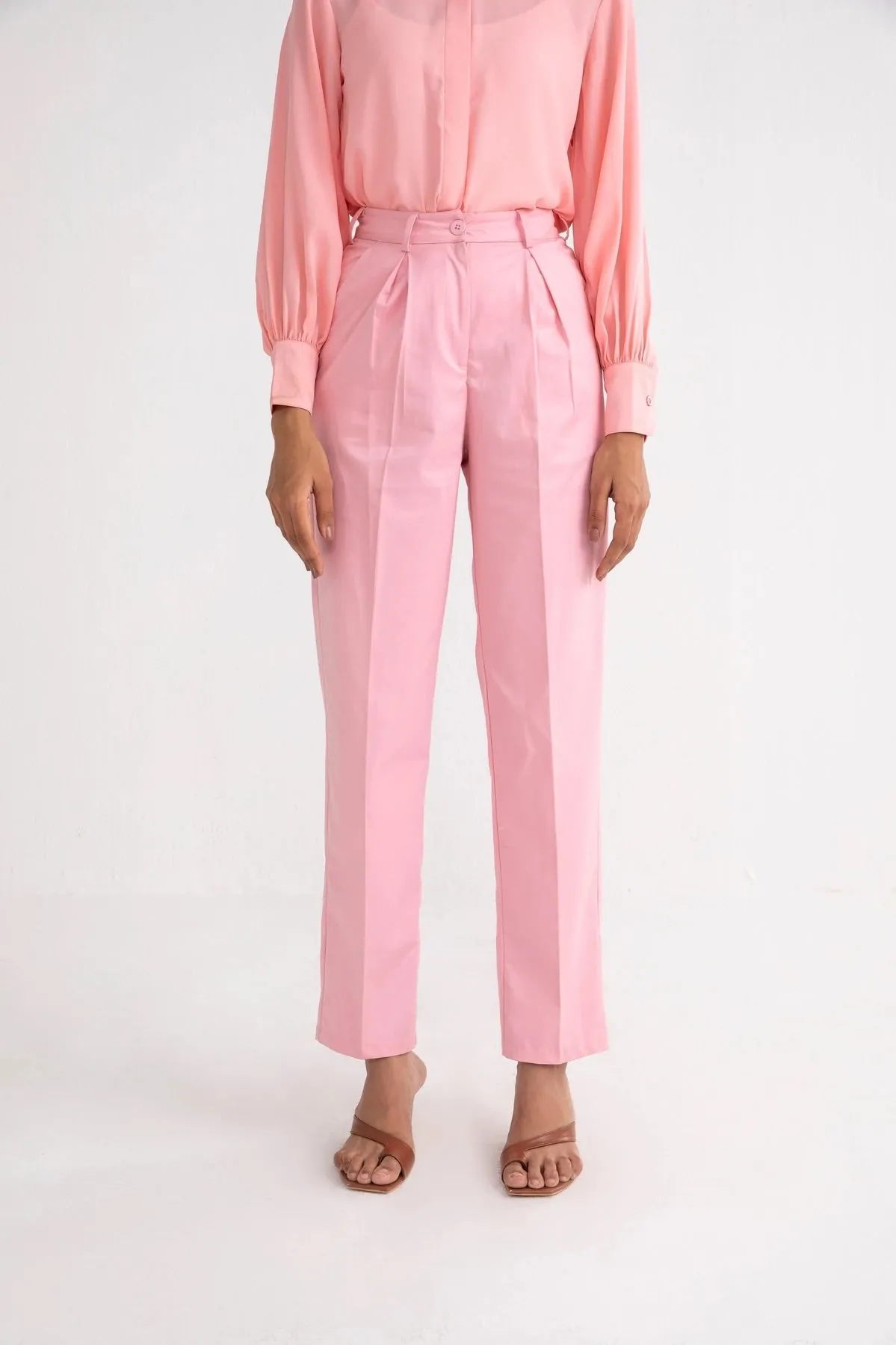 Blush Pink Pleated Straight Trousers- Qua