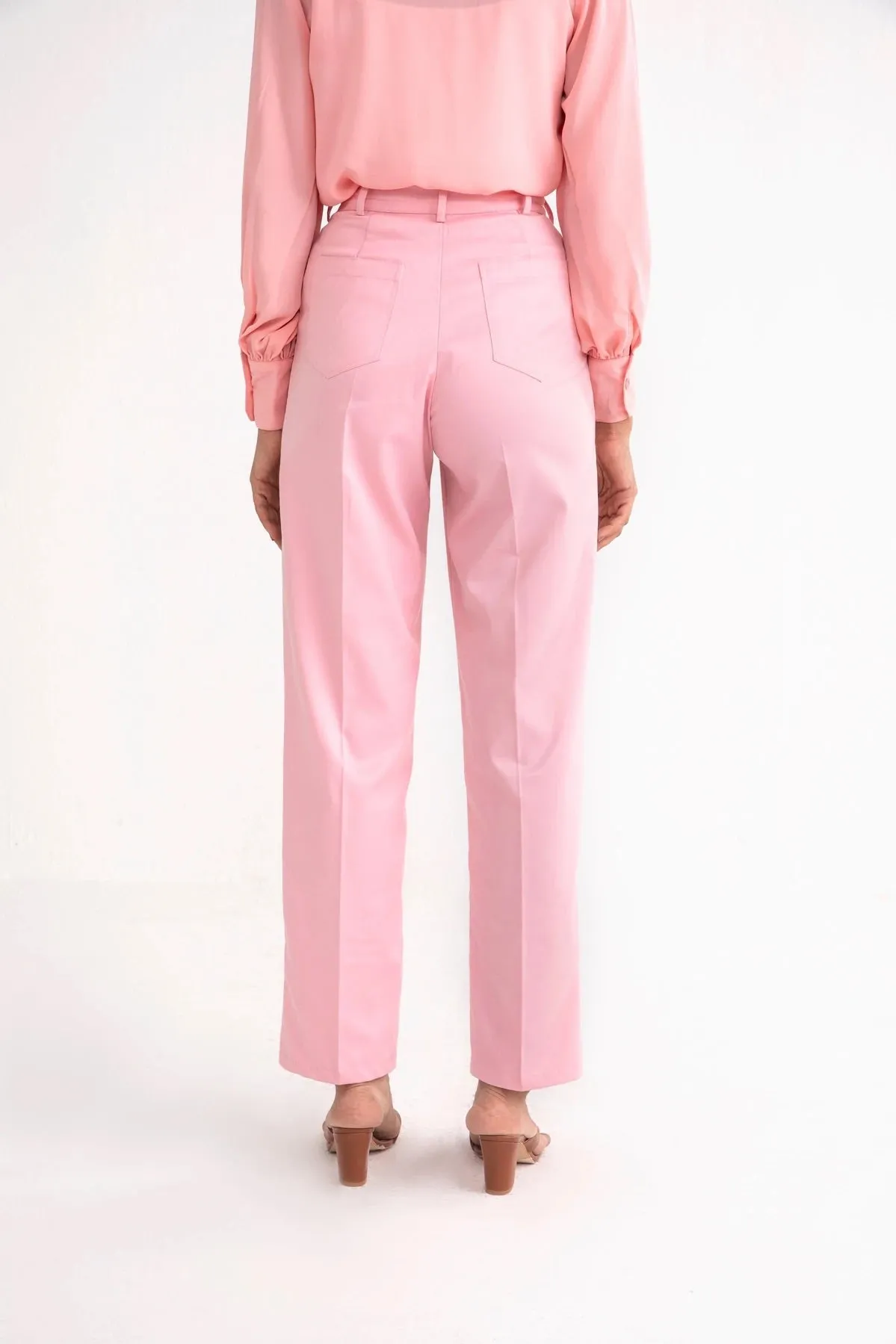 Blush Pink Pleated Straight Trousers- Qua