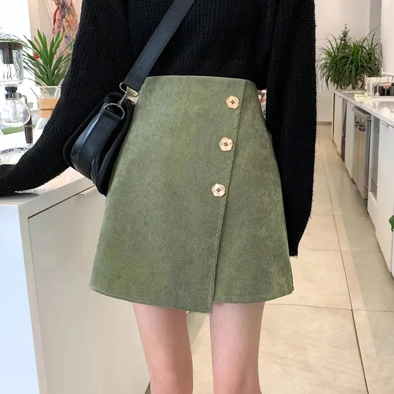 Bonnyshow  Autumn Winter New Petal Button Irregular Half-body Corduroy Pit Stripe A-line Short Skirt Women Inside with Safety Pants