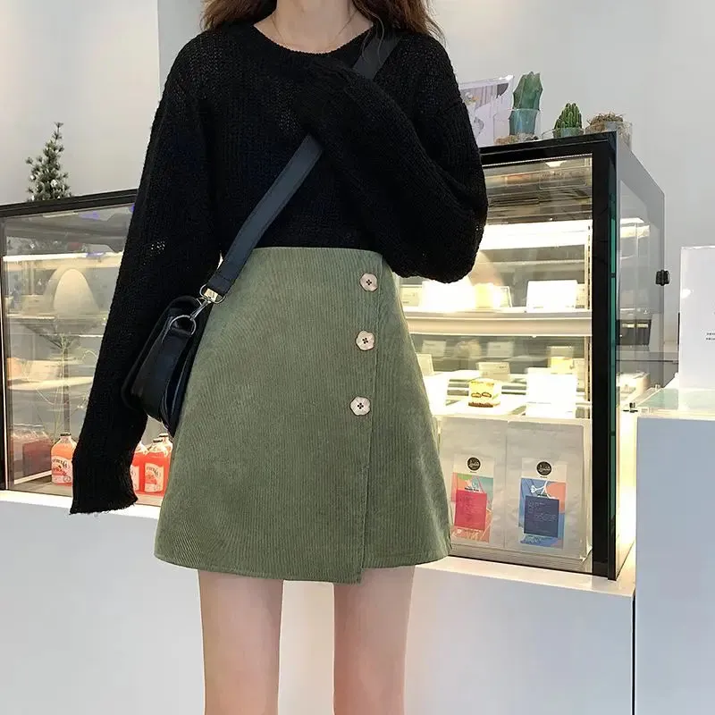 Bonnyshow  Autumn Winter New Petal Button Irregular Half-body Corduroy Pit Stripe A-line Short Skirt Women Inside with Safety Pants