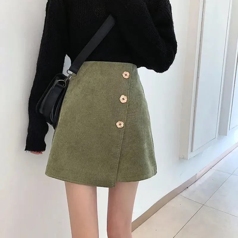 Bonnyshow  Autumn Winter New Petal Button Irregular Half-body Corduroy Pit Stripe A-line Short Skirt Women Inside with Safety Pants