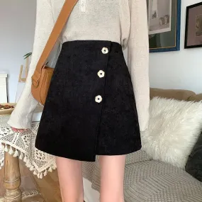 Bonnyshow  Autumn Winter New Petal Button Irregular Half-body Corduroy Pit Stripe A-line Short Skirt Women Inside with Safety Pants