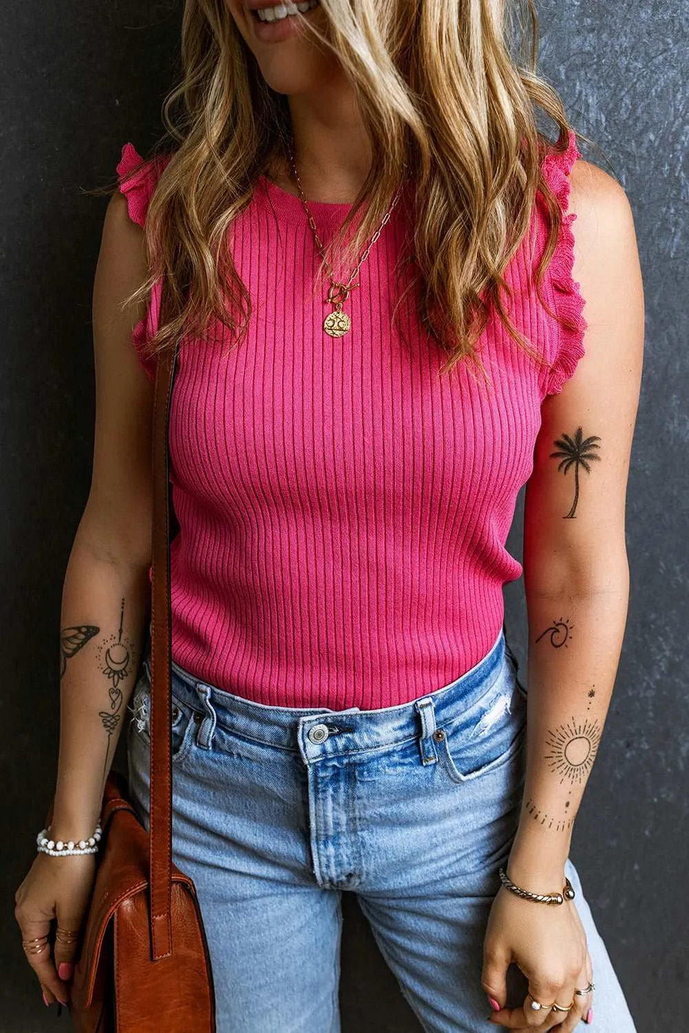 Bright Pink Ribbed Ruffled Sweater Tank